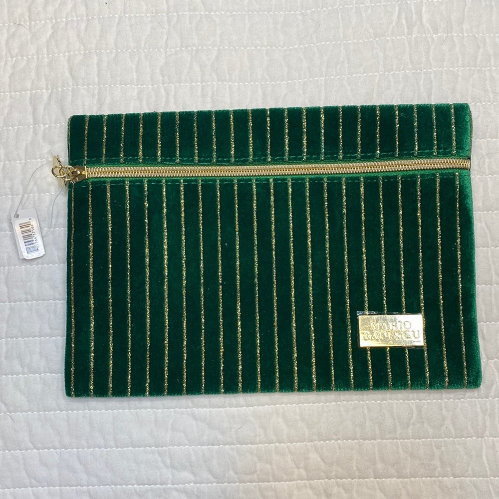 Mario Badescu Makeup Bag Green Velveteen with Metallic Gold Stripes NWT